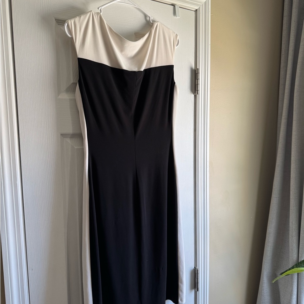 Cream and White Sheath Midi Dress with Cowl Neck